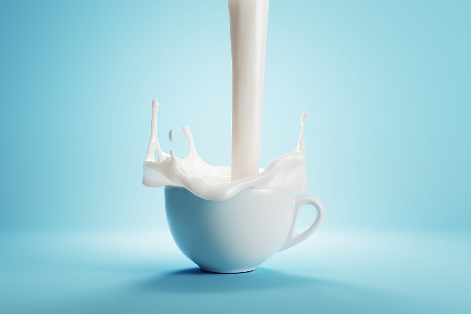 Milk Pouring on a White Cup of coffee on blue background color. 3D Render